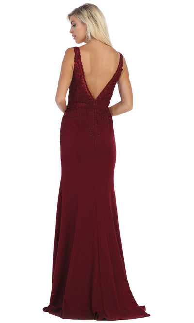 May Queen - MQ1674 Embroidered V Neck Sheath Dress In Red