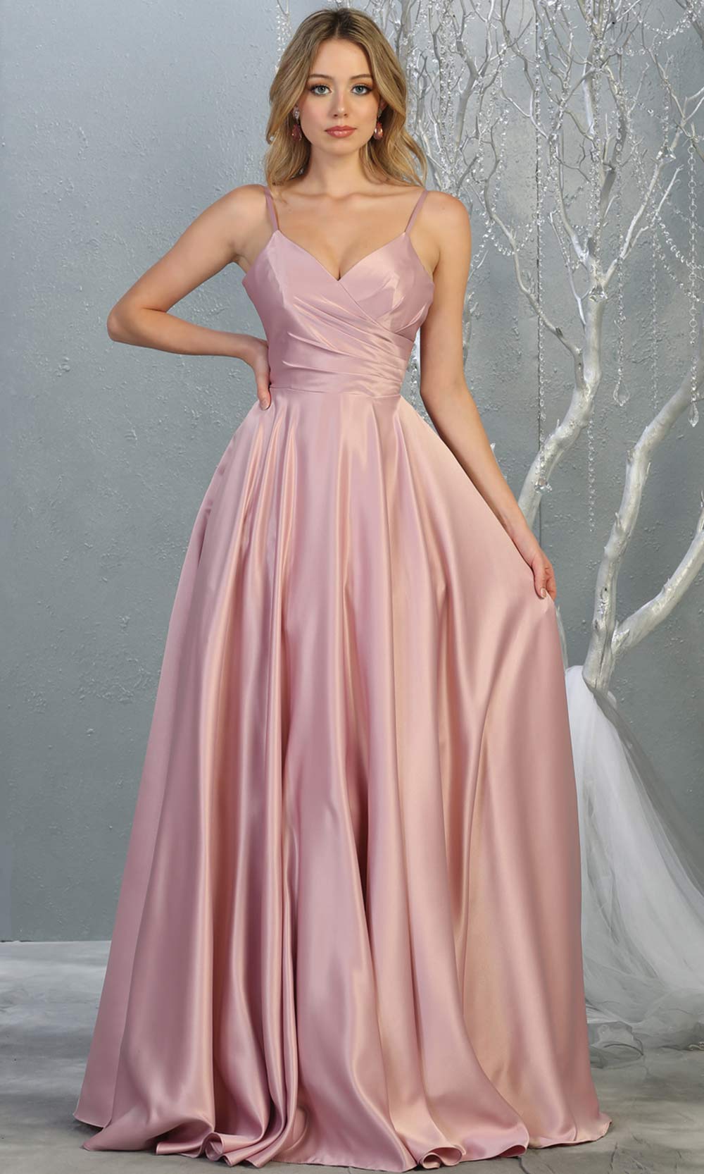 Mayqueen MQ 1678 Long simple v neck mauve pink satin semi ballgown with pockets. This dusty rose flowy gown from mayqueen is perfect for prom, black tie event, engagement dress, formal party dress, plus size wedding guest dresses, indowestern party dress