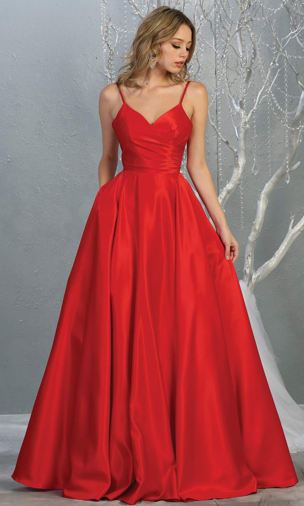 Mayqueen MQ 1678 Long simple v neck red satin semi ballgown with pockets. This red flowy gown from mayqueen is perfect for prom, black tie event, engagement dress, formal party dress, plus size wedding guest dresses, indowestern party dress