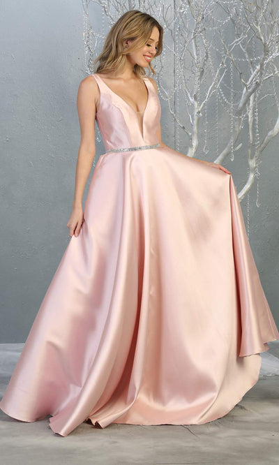 Mayqueen MQ1678 Long simple v neck blush pink semi ballgown with pockets. This light pink flowy gown from mayqueen is perfect for prom, black tie event, engagement dress, formal party dress, plus size wedding guest dresses, bridesmaid, indowestern party dress
