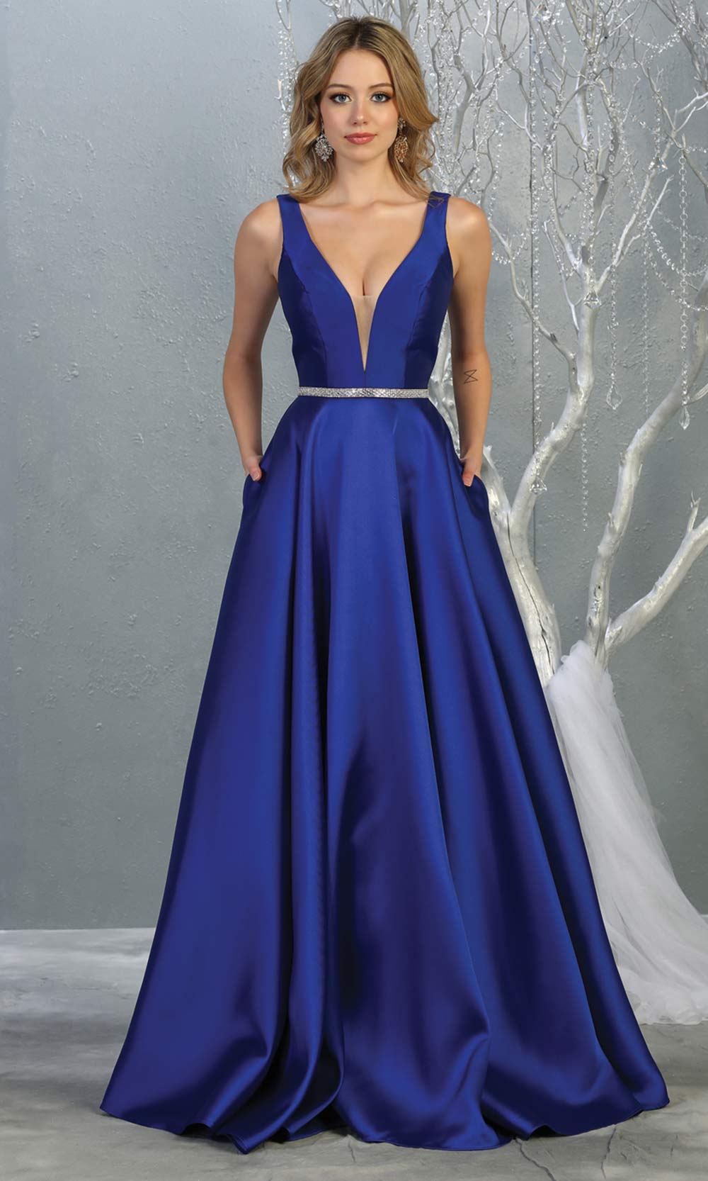 Mayqueen MQ1683 Long simple v neck royal blue semi ballgown with pockets. This royal blue flowy gown from mayqueen is perfect for prom, black tie event, engagement dress, formal party dress, plus size wedding guest dresses, bridesmaid, indowestern party dress