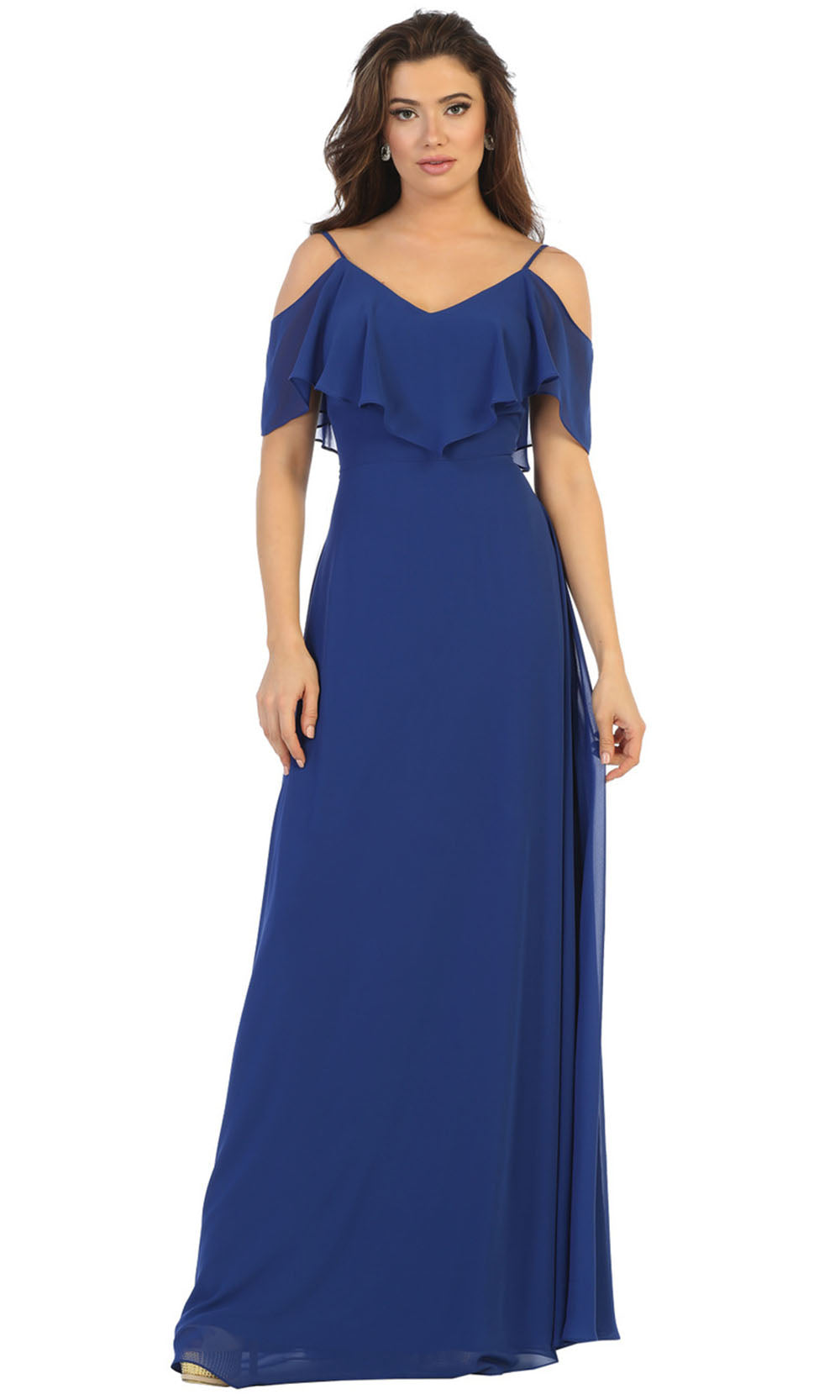 May Queen - MQ1686 Cold Shoulder Chiffon Dress In Blue