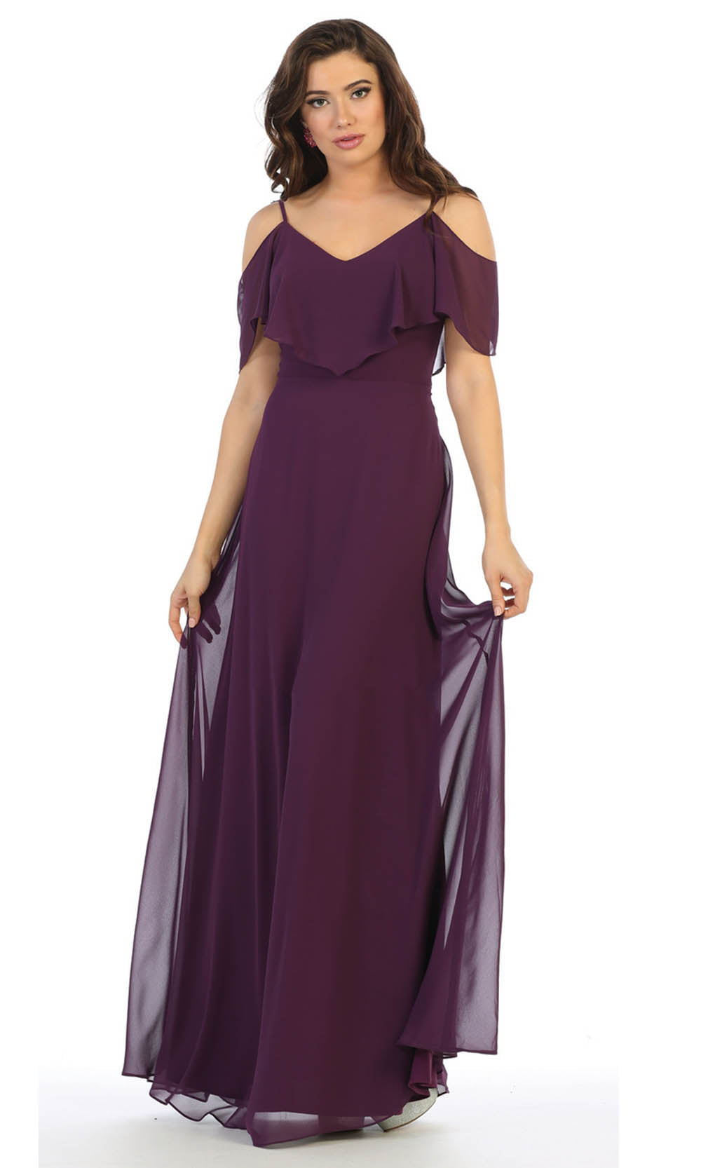 May Queen - MQ1686 Cold Shoulder Chiffon Dress In Purple