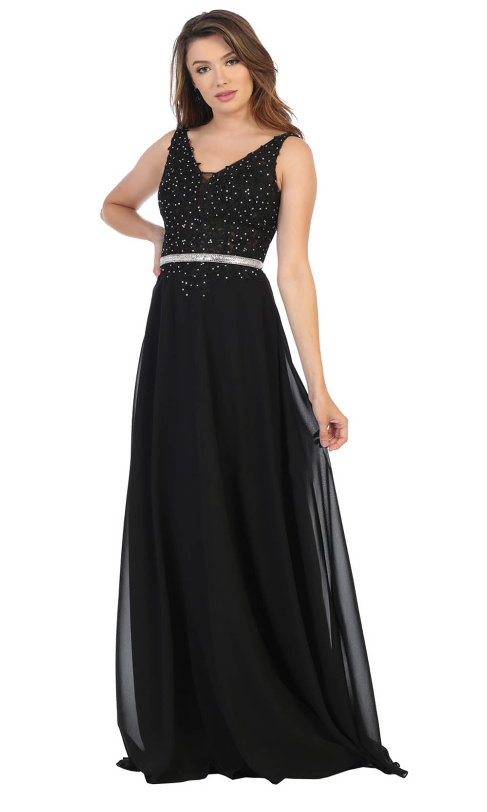 May Queen - MQ1701 Embroidered V Neck A-Line Dress In Black