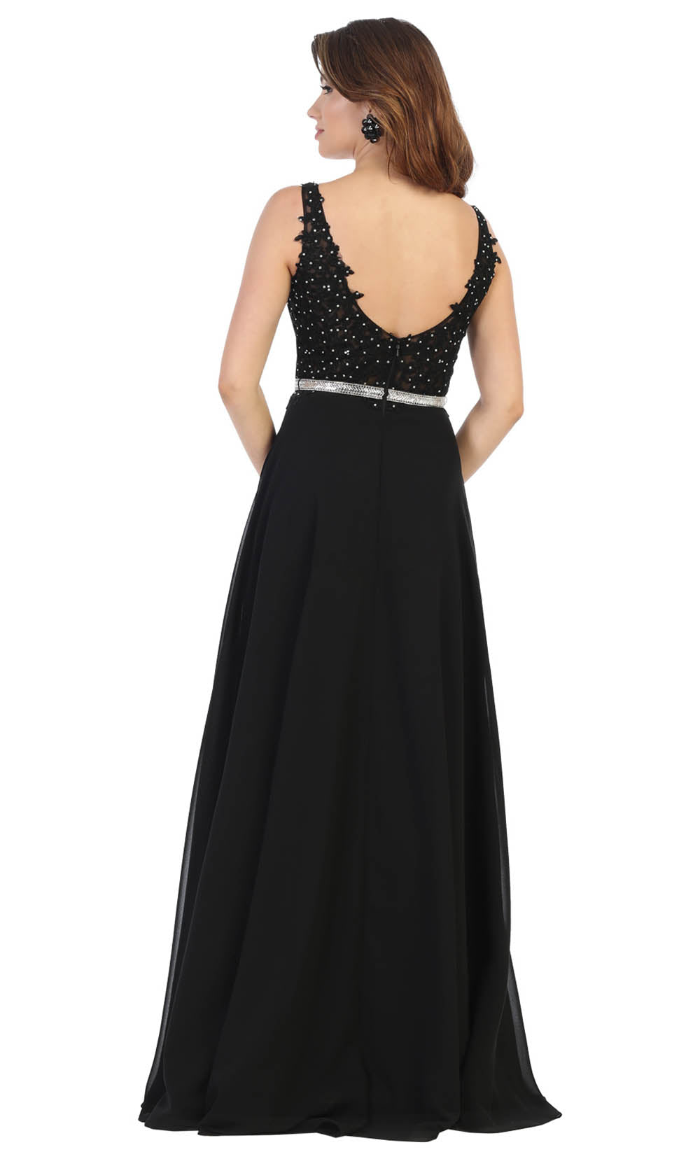 May Queen - MQ1701 Embroidered V Neck A-Line Dress In Black