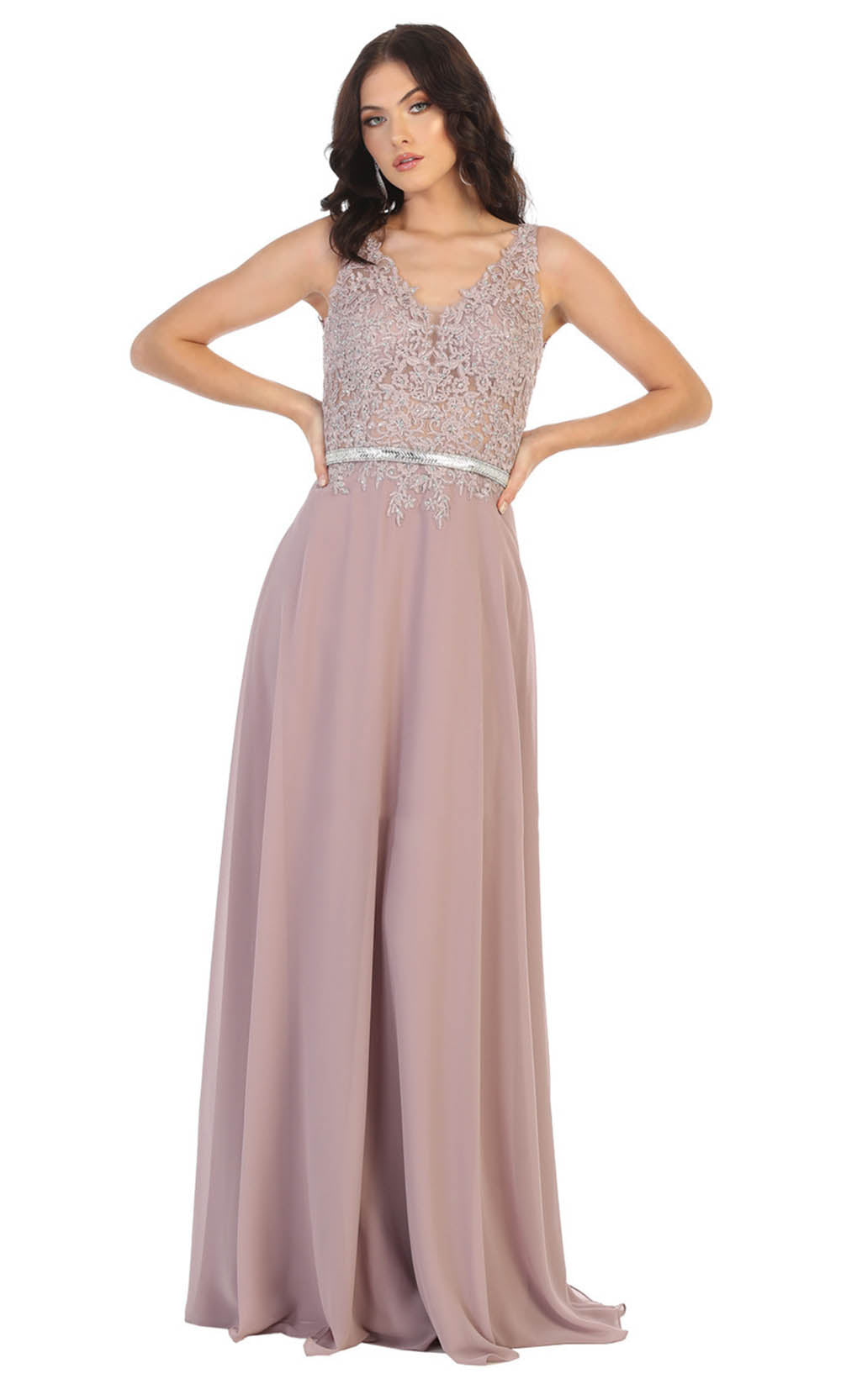 May Queen - MQ1701 Embroidered V Neck A-Line Dress In Pink