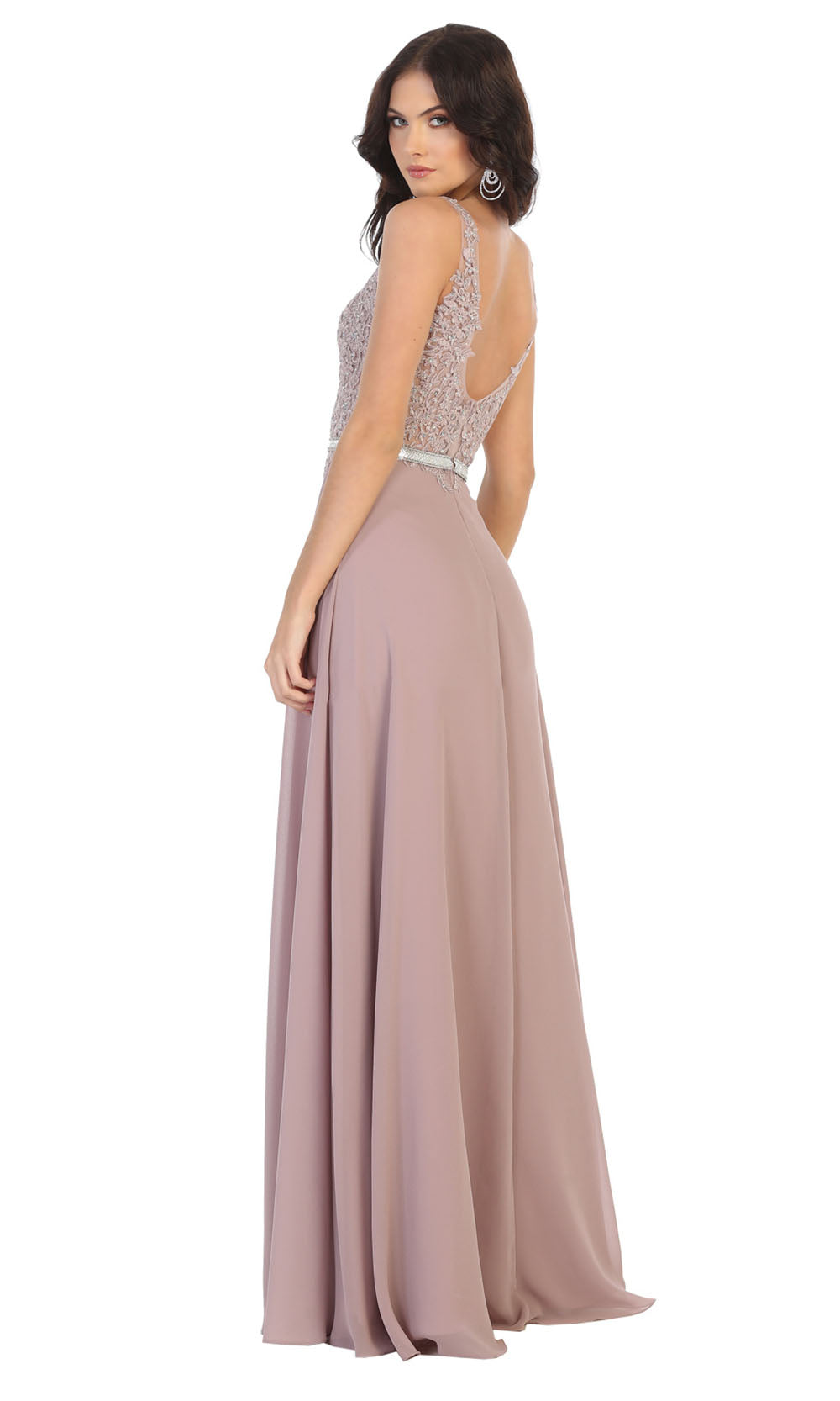 May Queen - MQ1701 Embroidered V Neck A-Line Dress In Pink