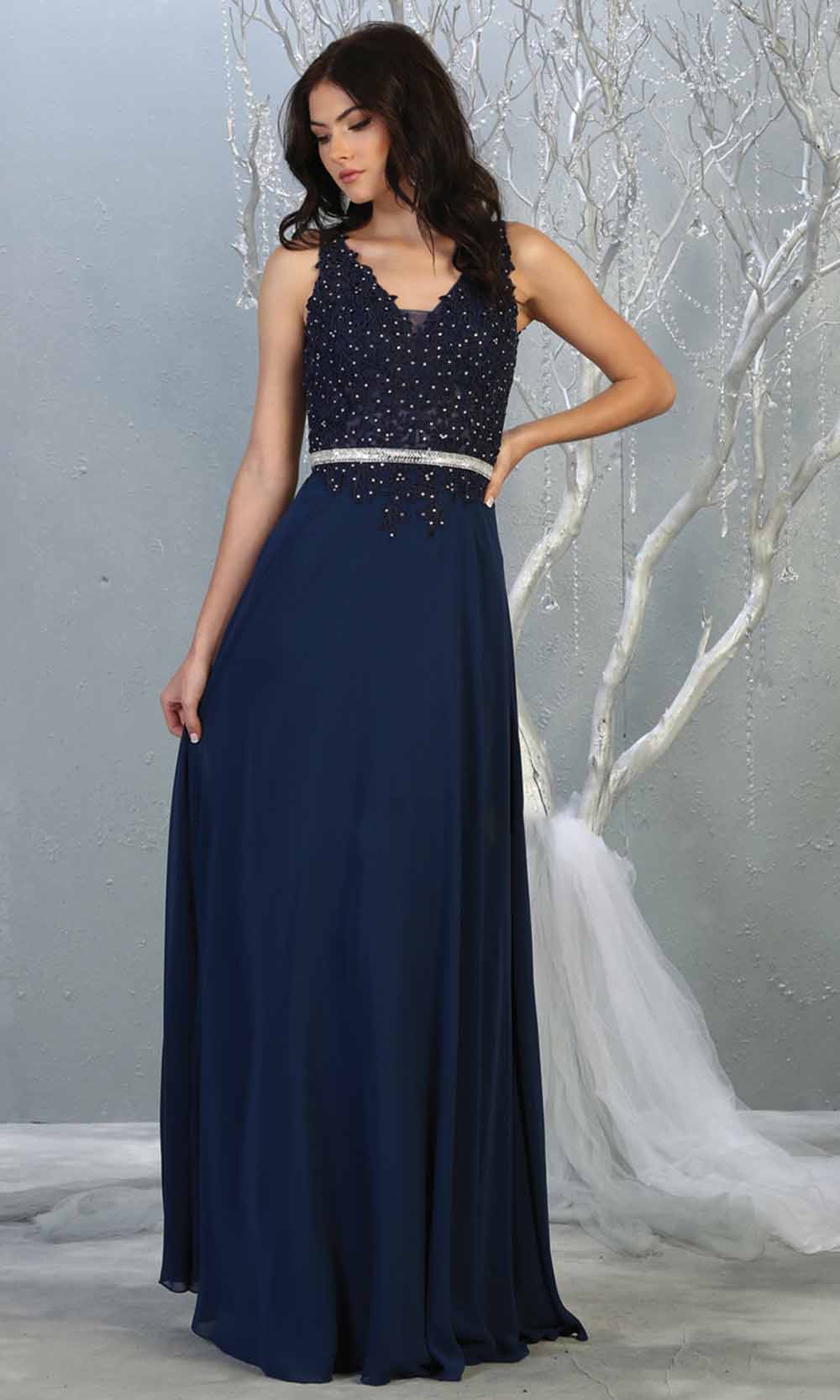 May Queen - MQ1701 Embroidered V Neck A-Line Dress In Blue