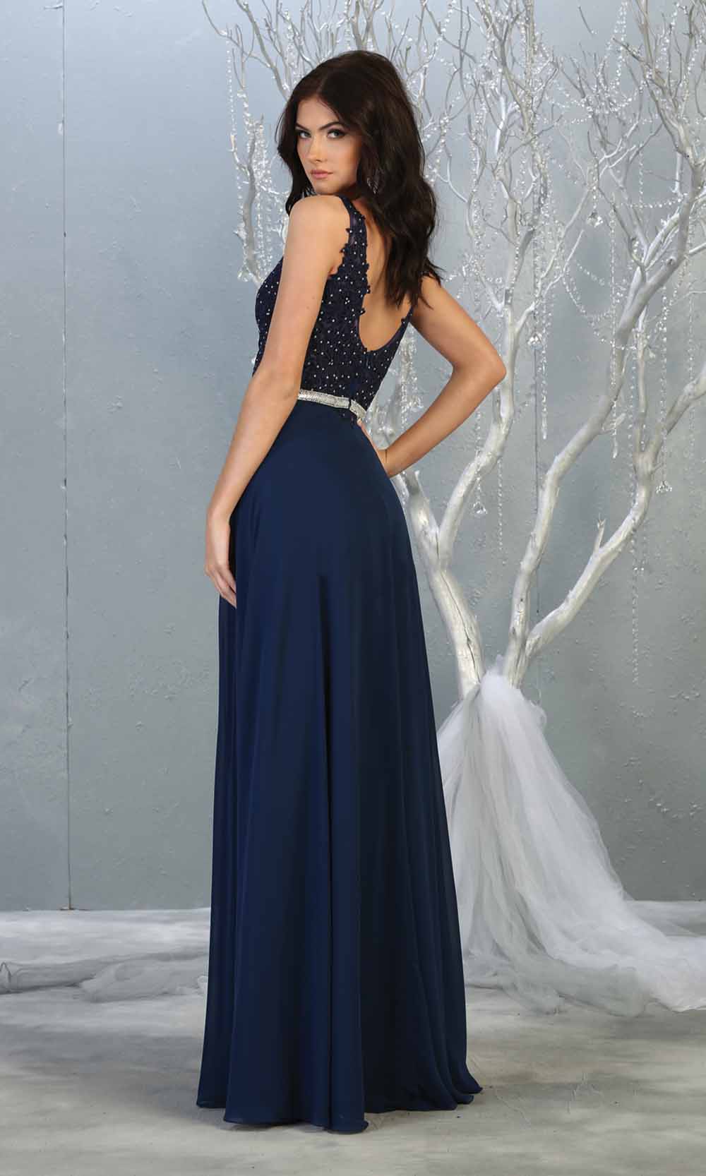 May Queen - MQ1701 Embroidered V Neck A-Line Dress In Blue