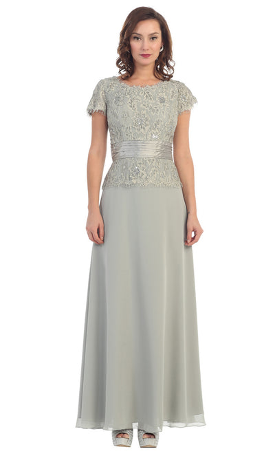 May Queen - MQ571 Chiffon Lace Jewel Neck Formal Dress In Silver