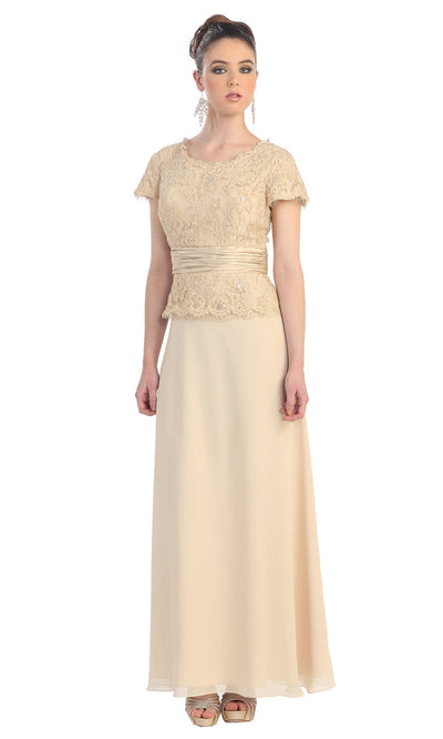 May Queen - MQ571 Chiffon Lace Jewel Neck Formal Dress In Neutral