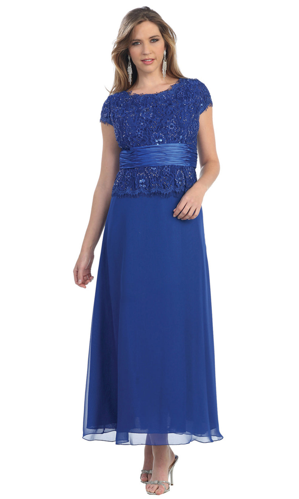 May Queen - MQ571 Chiffon Lace Jewel Neck Formal Dress In Blue