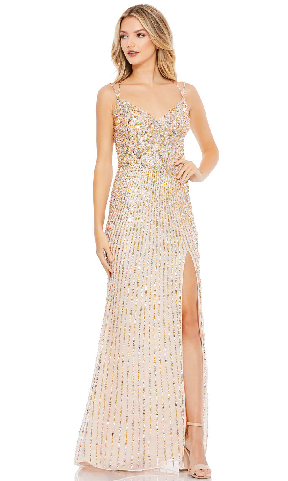 Mac Duggal - 10702M Sequin Embellished V-Neck Sheath Gown In Champagne and Gold