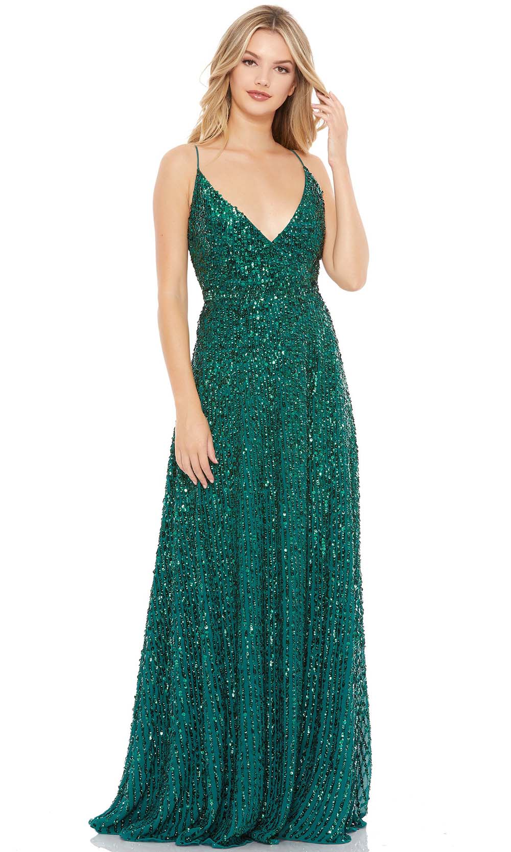 Mac Duggal - 10730M Sequined Plunging Neck A-Line Dress In Green