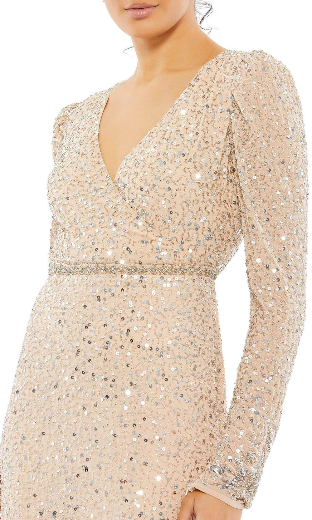 Mac Duggal - 10769 Sparkling Sequin Long Sleeve Dress In Neutral and Silver