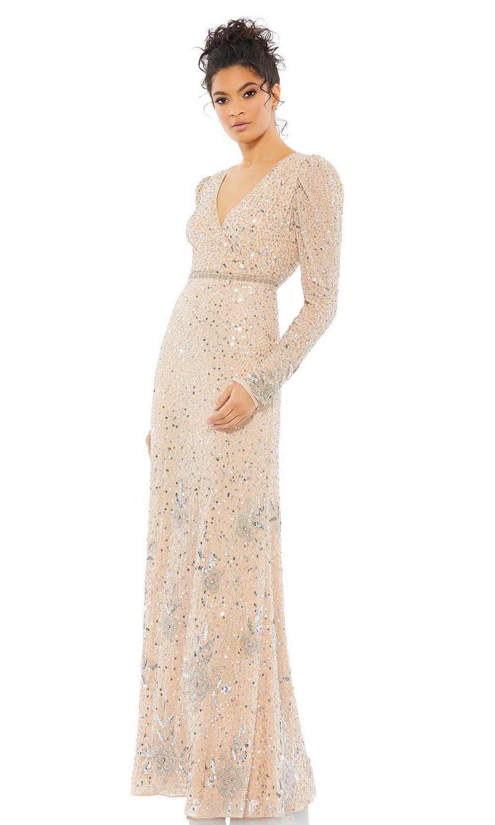 Mac Duggal - 10769 Sparkling Sequin Long Sleeve Dress In Neutral and Silver