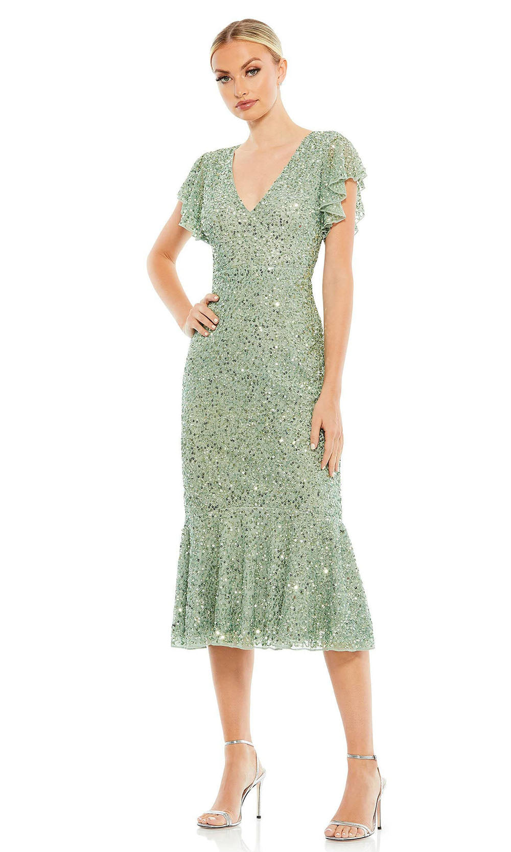 Mac Duggal - 10801 Short Sleeve Sequin Tea Length Dress In Green