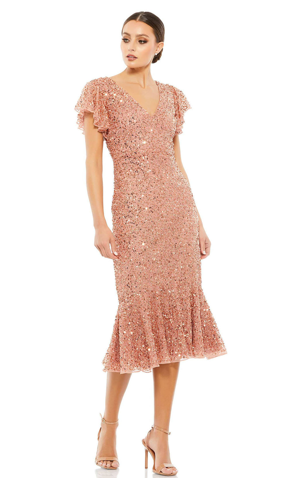 Mac Duggal - 10801 Short Sleeve Sequin Tea Length Dress In Pink