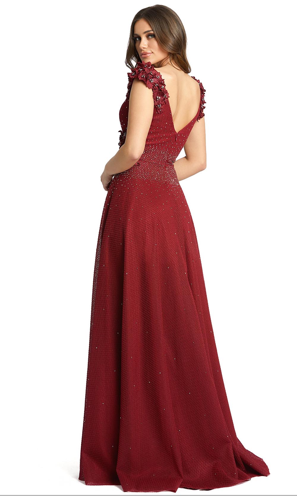 Mac Duggal - 11152D Applique V Neck Long A-Line Gown In Red