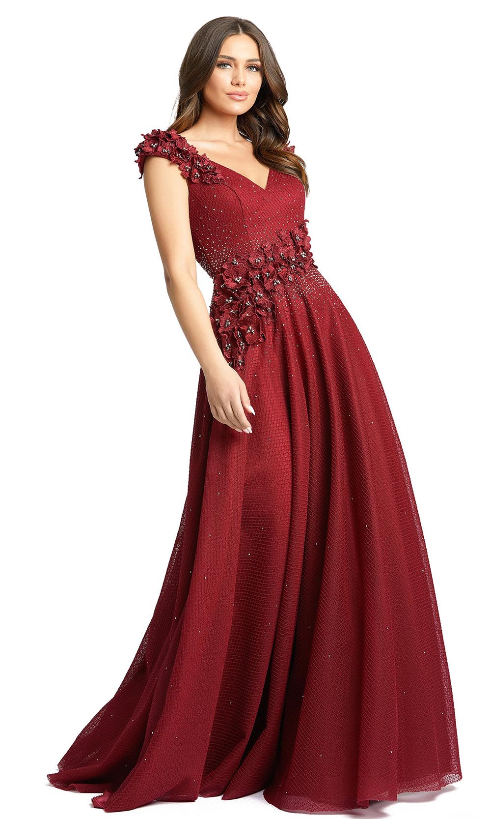 Mac Duggal - 11152D Applique V Neck Long A-Line Gown In Red