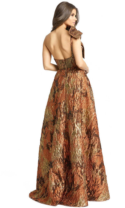 Mac Duggal - 11157D Bow Ornate One Shoulder Metallic Gown In Brown