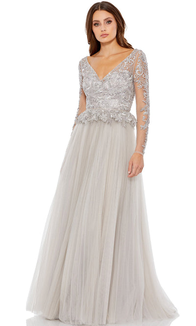 Mac Duggal - 11168D Lace Embroidered Illusion Bodice A-Line Gown In Silver and Gray