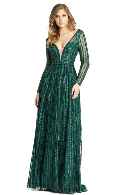 Mac Duggal - 11184D Beaded Illusion Neckline Long Sleeve A-Line Gown In Green