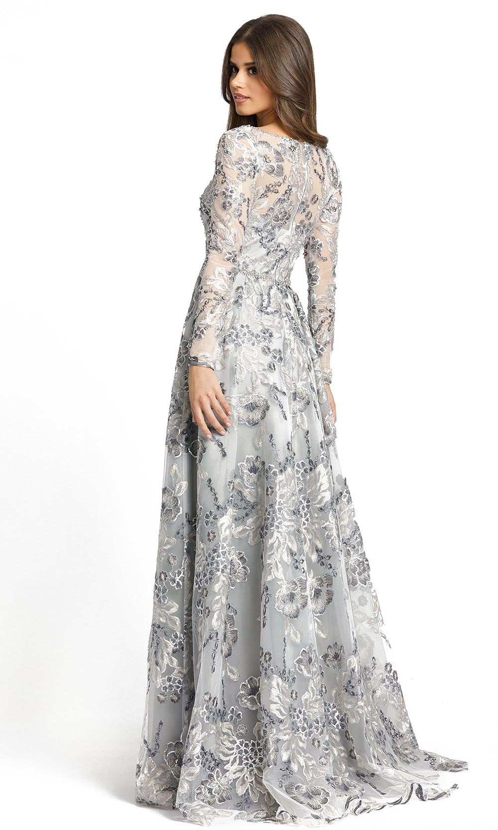 Mac Duggal - 11185D Long Sleeve Sequin Ornate Lace Gown In Silver and Gray