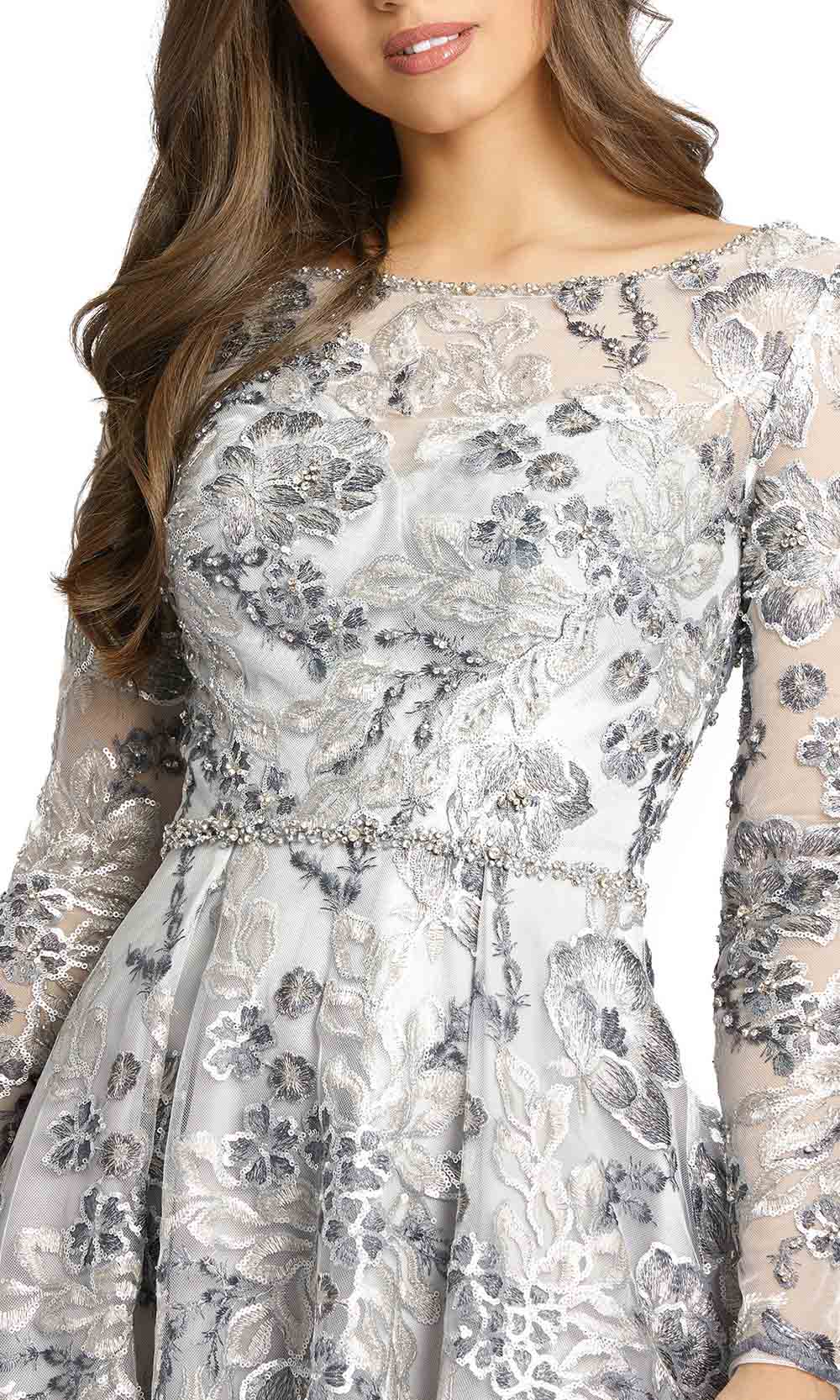 Mac Duggal - 11185D Long Sleeve Sequin Ornate Lace Gown In Silver and Gray