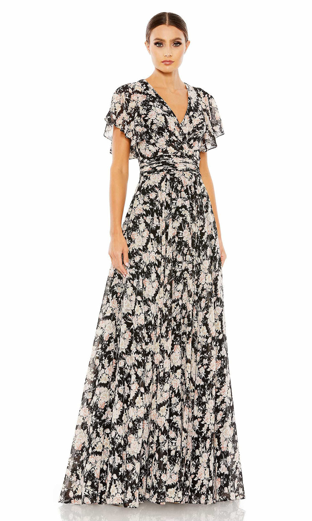 Mac Duggal - 11266 Floral Printed V Neck A-Line Gown In Black and White