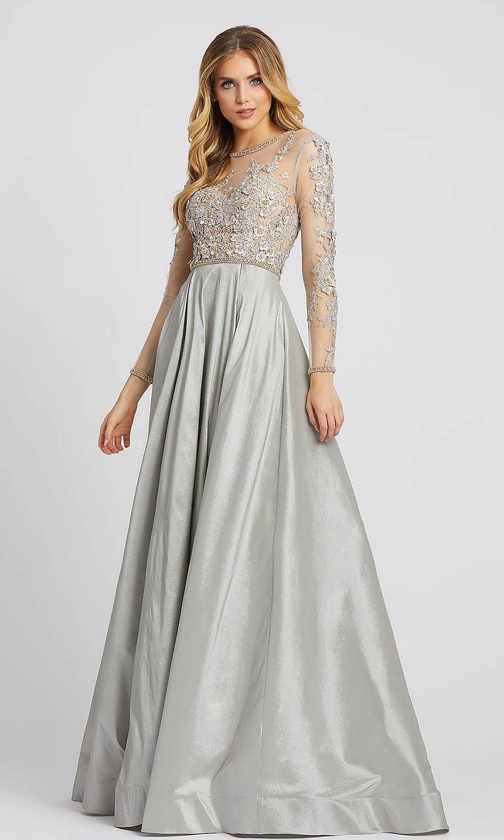 Mac Duggal - 12230D Embroidered Long Sleeve Ballgown In Gray