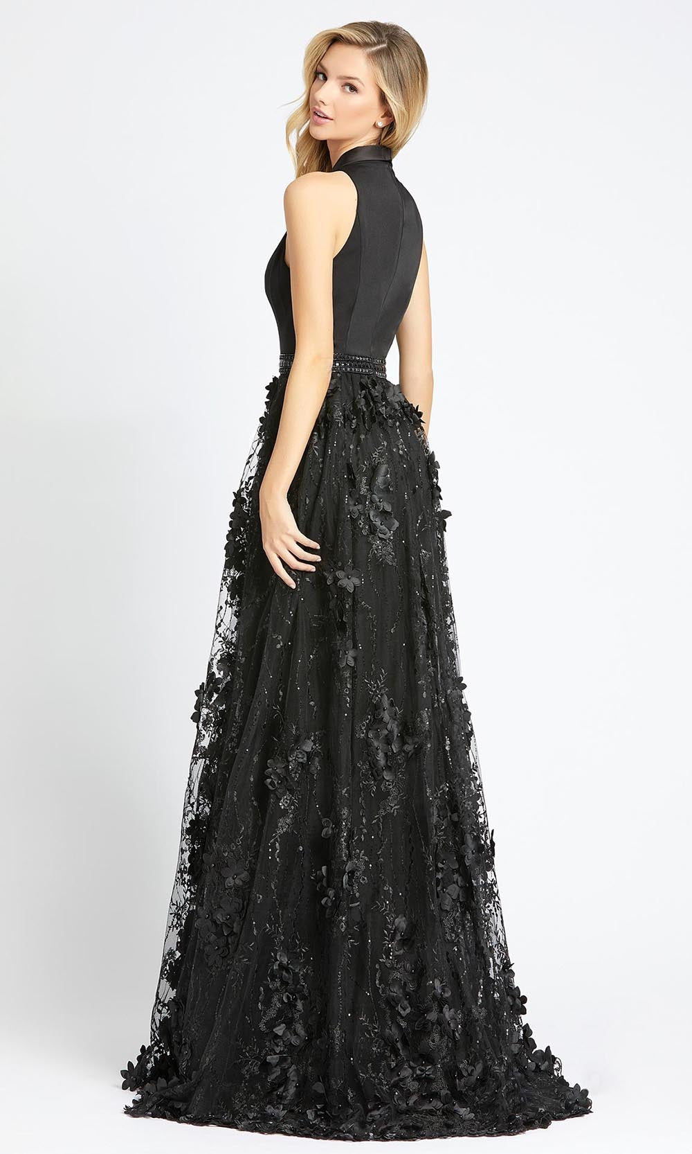 Mac Duggal - 12264D Deep V Neck Floral Applique A-Line Gown In Black