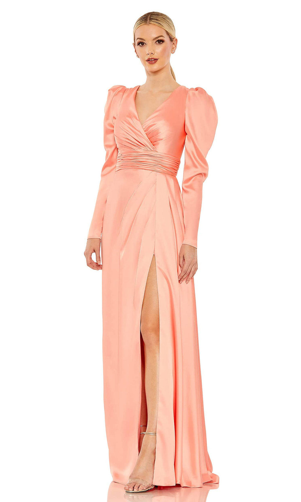 Mac Duggal - 12404 Long Sleeve Draped Gown With Slit In Pink