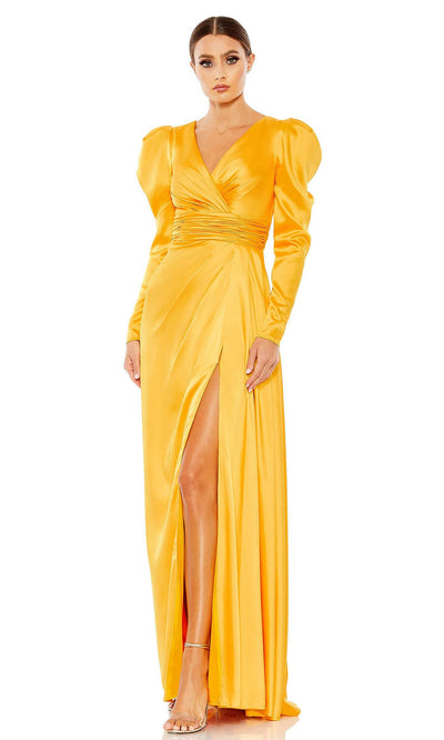 Mac Duggal - 12404 Long Sleeve Draped Gown With Slit In Yellow