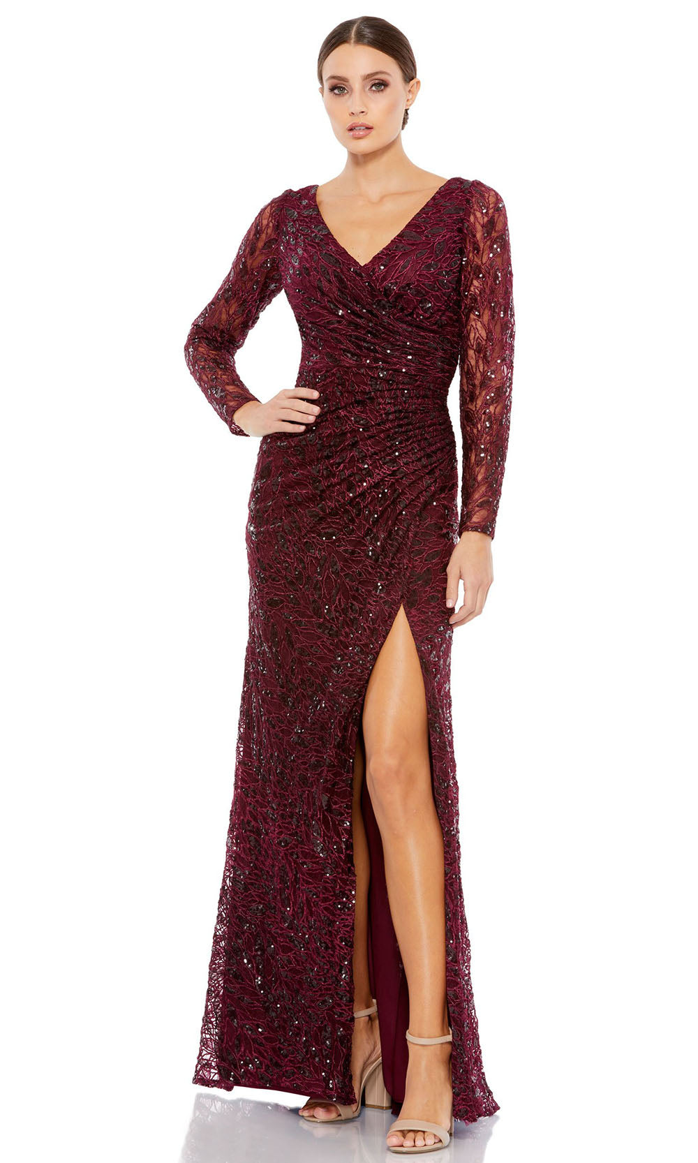 Mac Duggal - 12412D Sequin High Slit Gown In Red