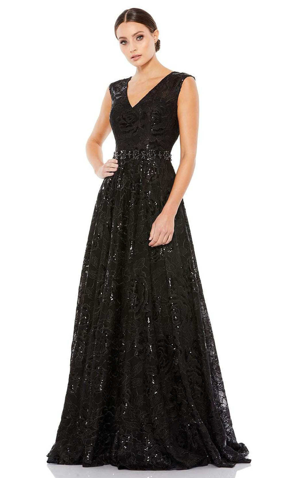 Mac Duggal - 12413 V Neck Beaded A-Line Gown In Black