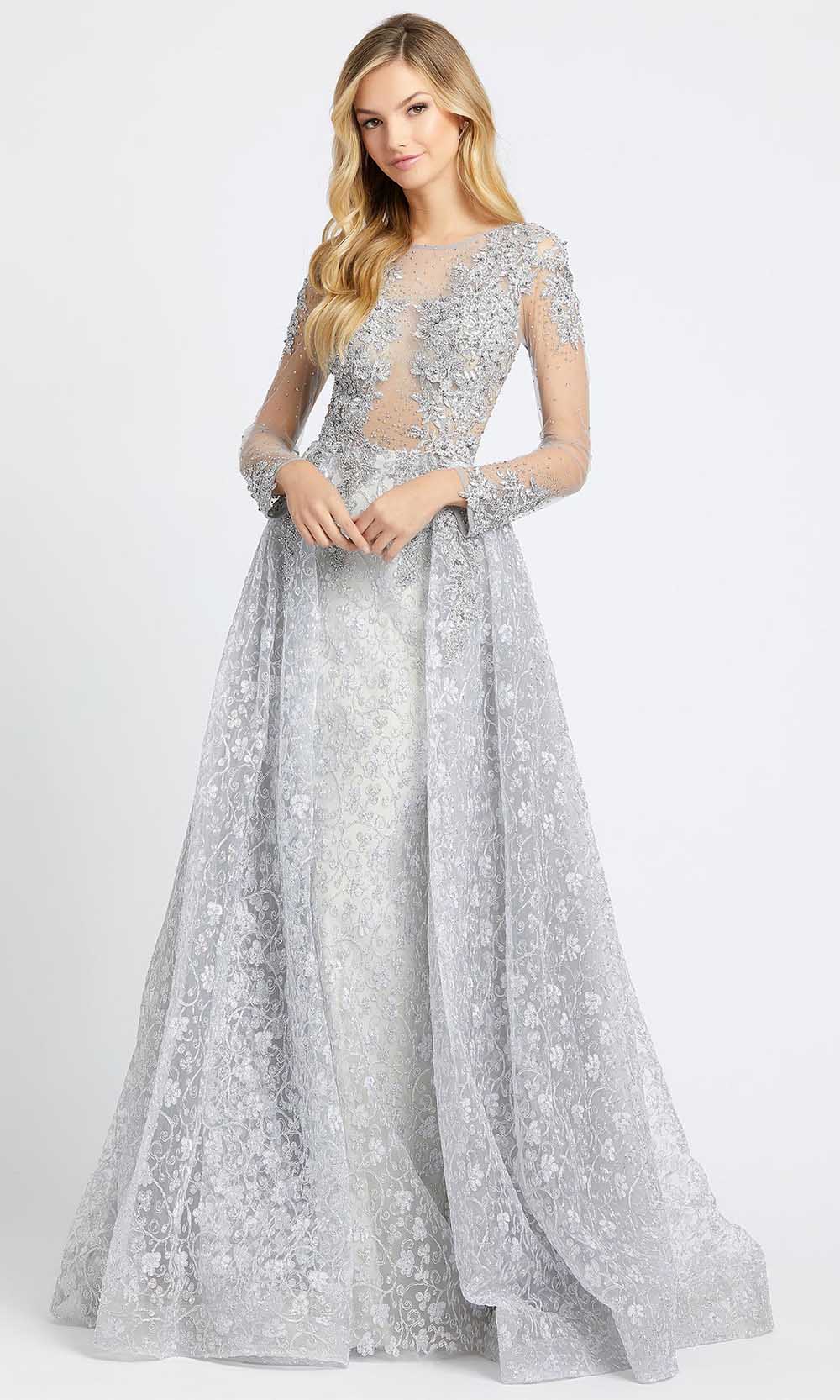Mac Duggal - 20100D Beaded Appliqued Illusion Overskirt Gown In Silver