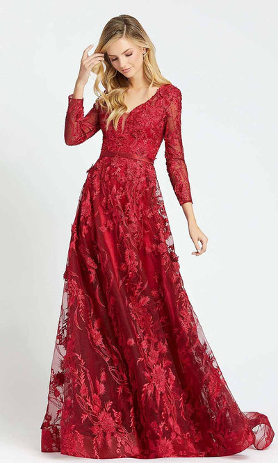 Mac Duggal - 20108D Beaded Embroidered V-Neck A-Line Gown In Red