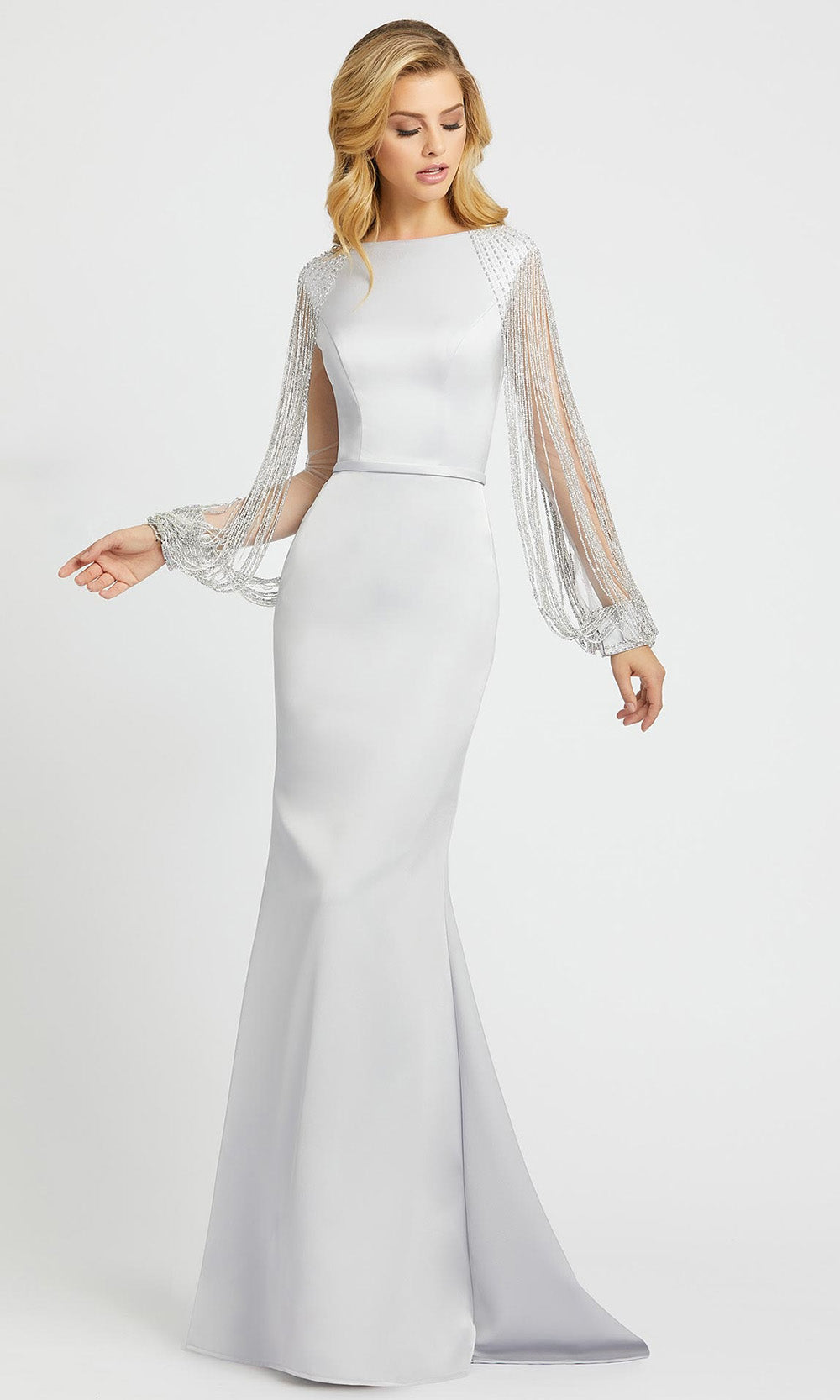 Mac Duggal - 20116D Beaded Illusion Sleeve Mermaid Gown In Silver & Gray
