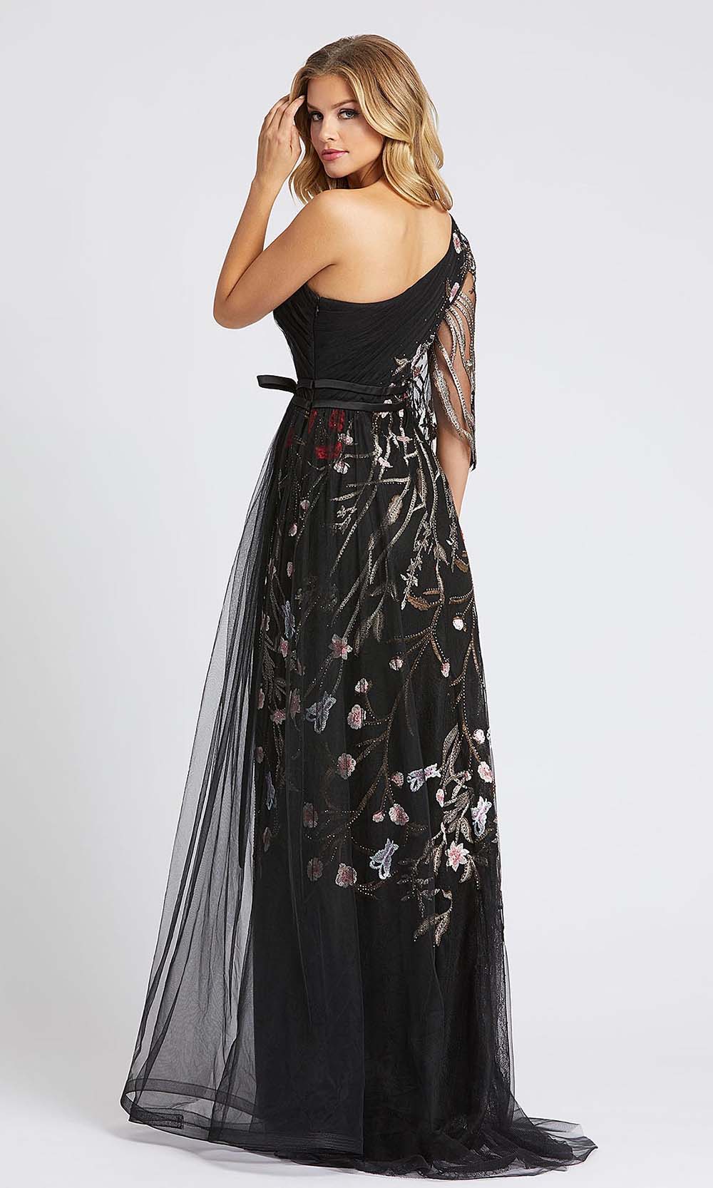 Mac Duggal - 20124D One Shoulder Floral Accent A-Line Gown In Black