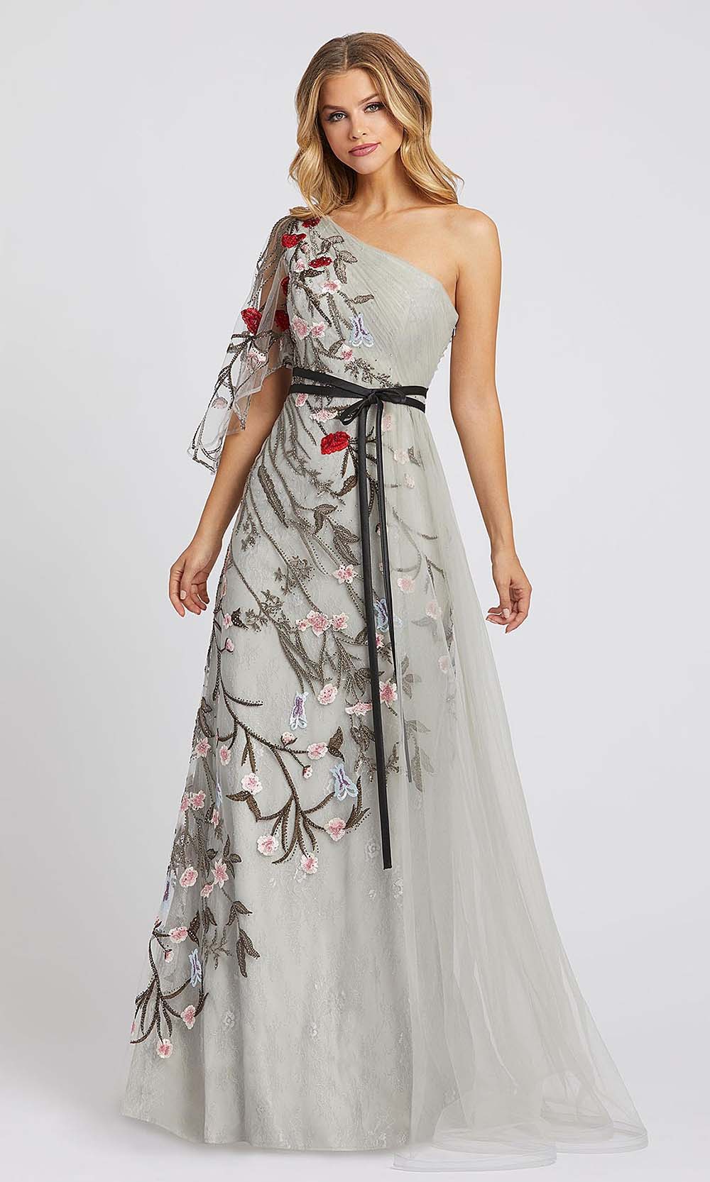 Mac Duggal - 20124D One Shoulder Floral Accent A-Line Gown In Silver & Gray