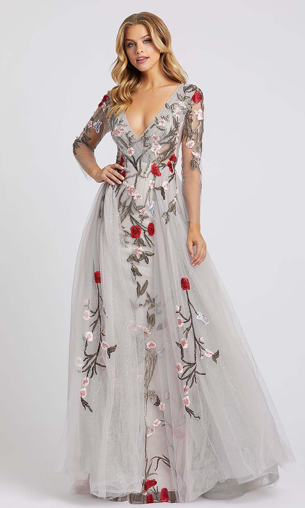 Mac Duggal - 20125D Floral Embroidered Overskirt Column Gown In Silver & Gray