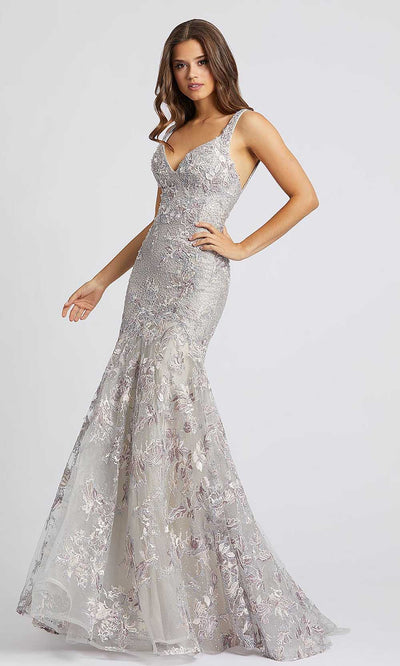 Mac Duggal - 20146D Embroidered Plunging V Neck Trumpet Gown In Silver