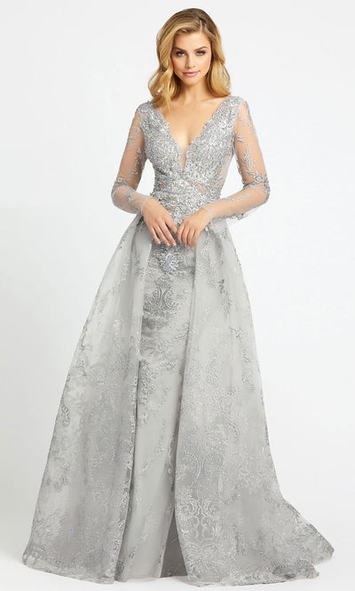 Mac Duggal - 20157D Embroidered Deep V Neck Ballgown In Silver