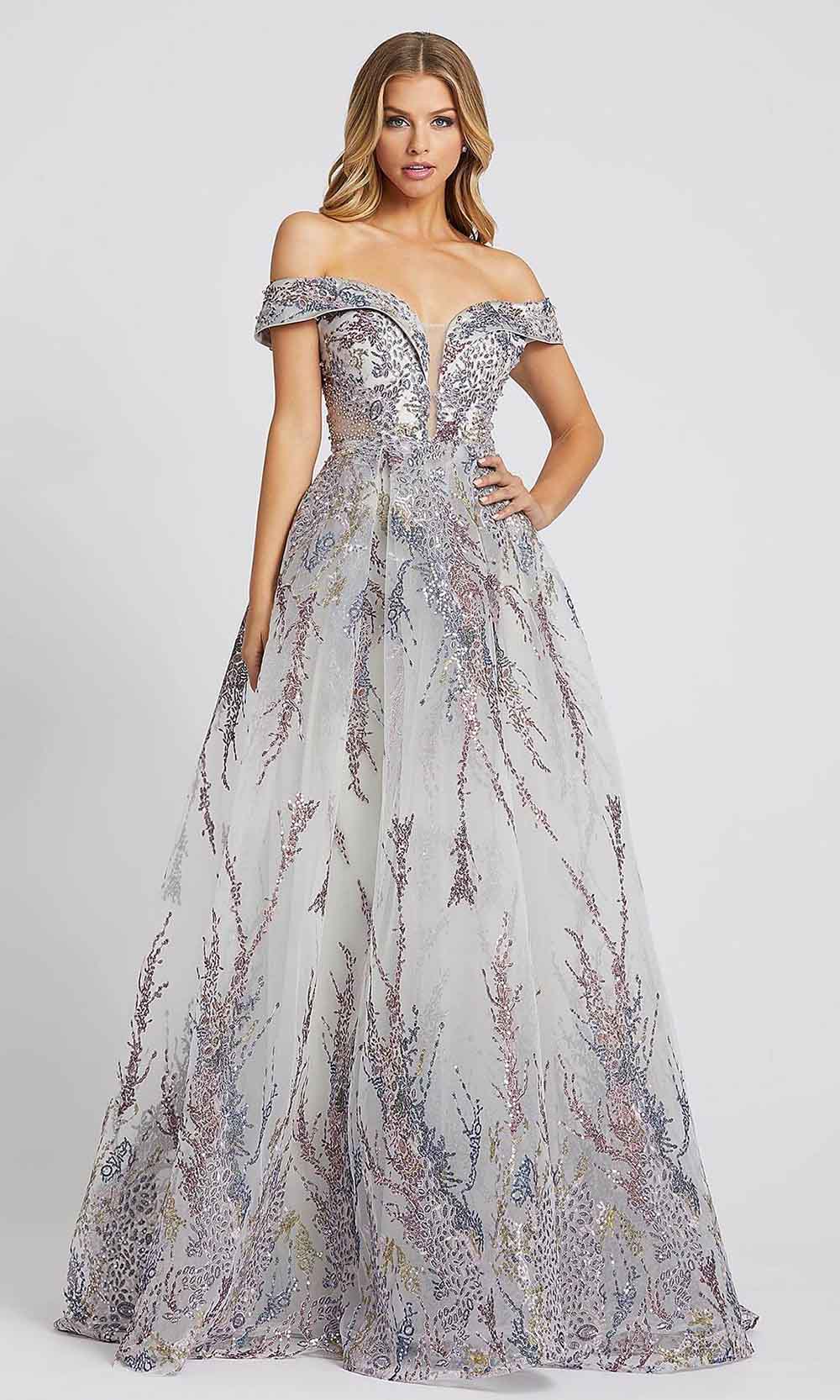 Mac Duggal - 20174D Beaded Deep Off Shoulder Ballgown In Gray and Multi-Color