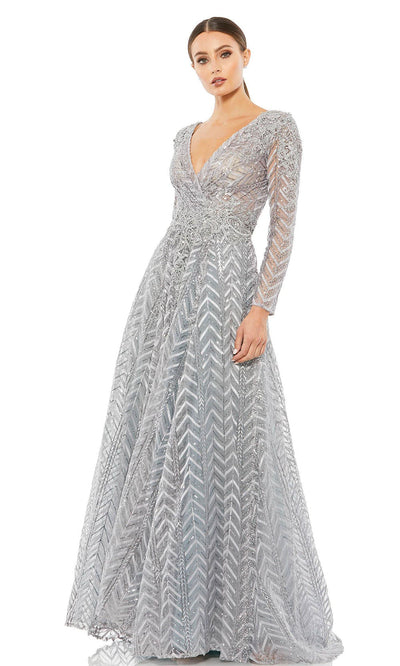 Mac Duggal - 20189 Embellished Deep V-Neck A-Line Gown In Silver