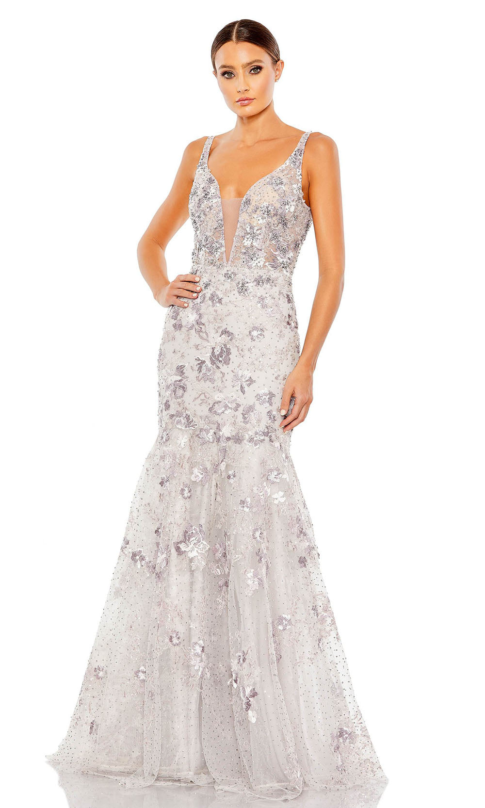 Mac Duggal - 20206 Floral Trumpet Bare Back Gown In Purple and Gray