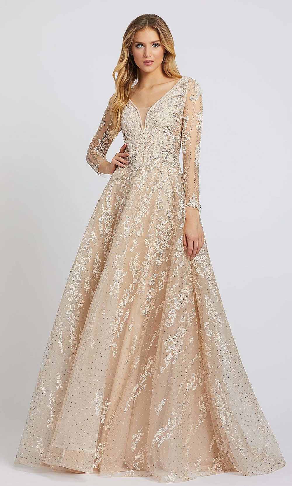 Mac Duggal - 20212D Embroidered Long Sleeve V Neck Ballgown In Neutral