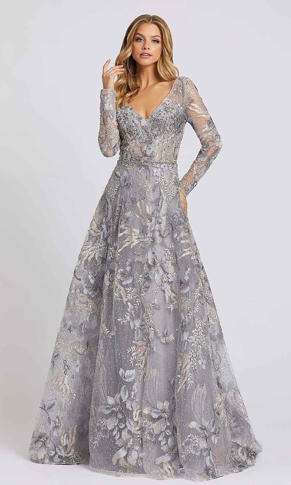 Mac Duggal - 20214D Embroidered Plunging V Neck Long Sleeve Gown In Gray and Multi-Color