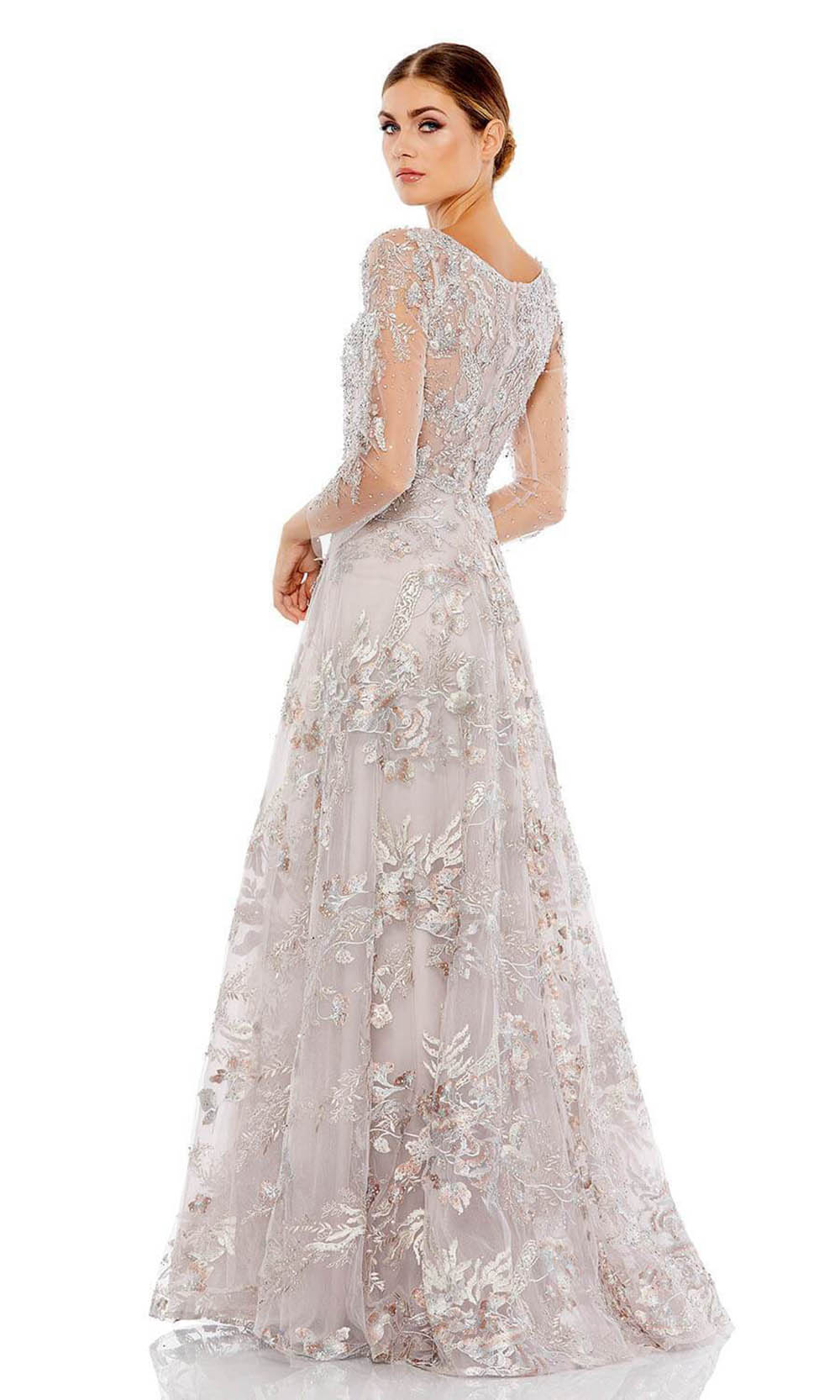Mac Duggal - 20245 Enchanting Tulle Floral Long Gown In Silver
